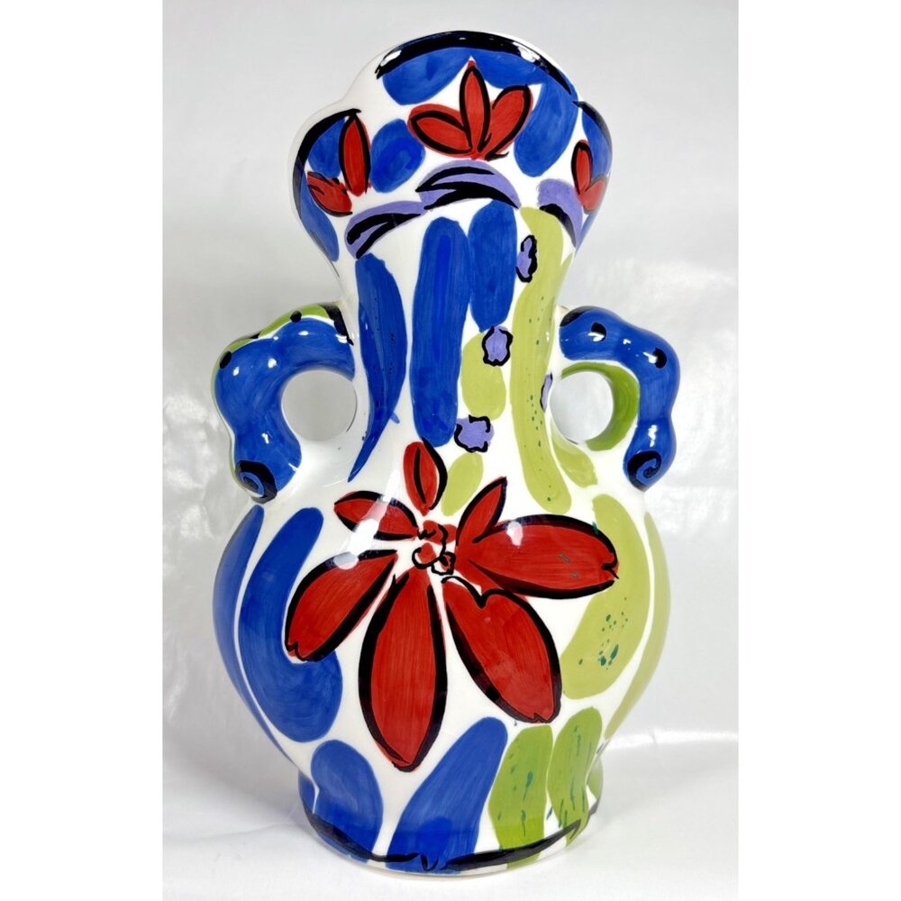 Kathryn Youngs Ganz Amphora Flat Side Wall Vase Blue Red Floral Ceramic